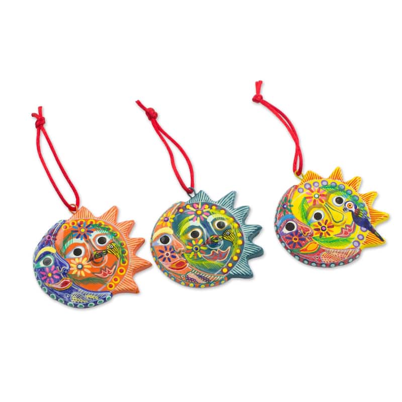 Handmade Set of 6 Ceramic Ornaments, 'Flower Eclipse' (Guatemala)