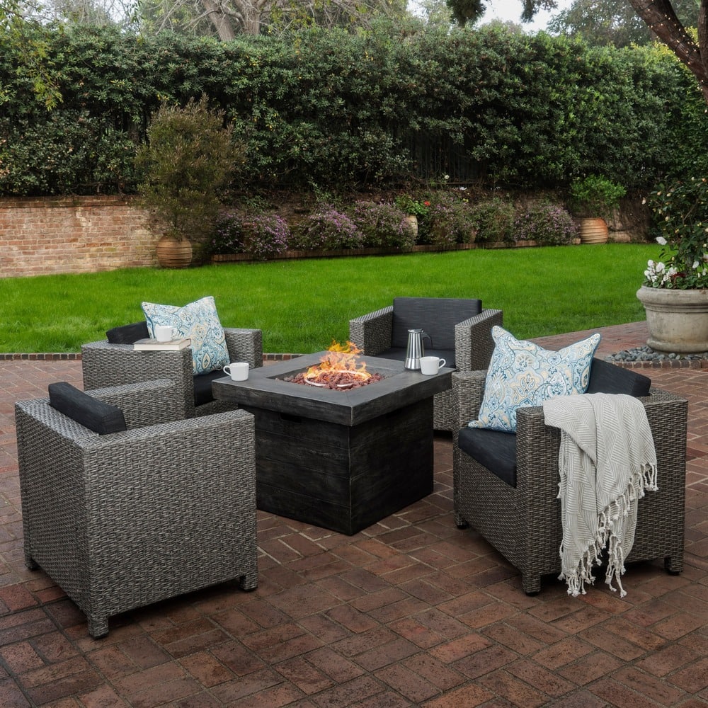 Puerta Outdoor 4-piece Wicker Chair Set with Square Firepit by Christopher Knight Home