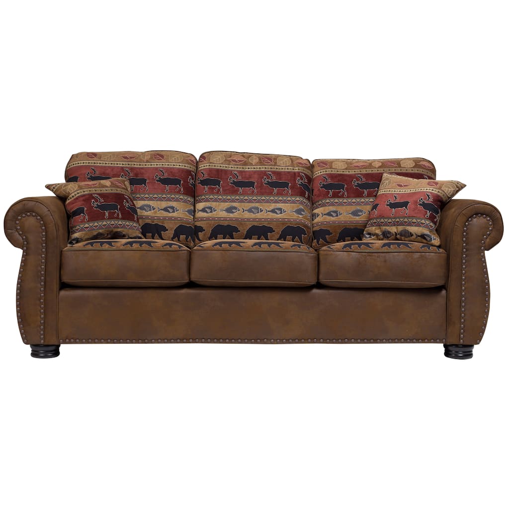 Porter Hunter Lodge Style Brown Sleeper Sofa with Deer, Bear and Fish Fabric - 38"H x 37"D x 88"W
