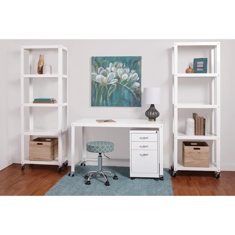 Office Dimensions 72" High Rolling 5 Shelf Bookcase, Industrial Metal, White
