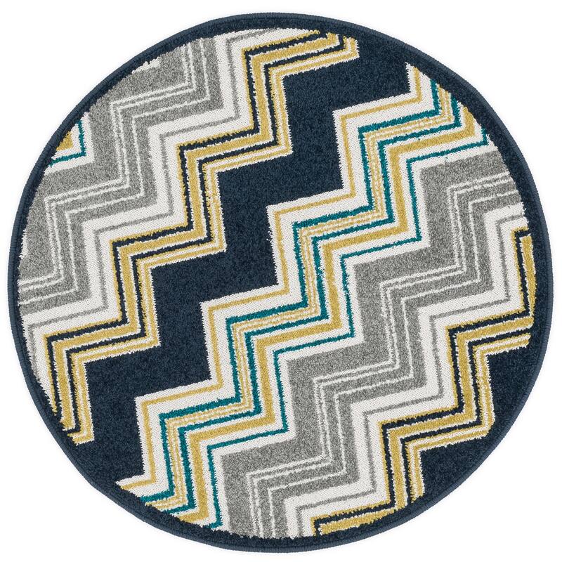 Alexander Home Chevron Palm Rug - Navy/Multi - 3' x 3' Round