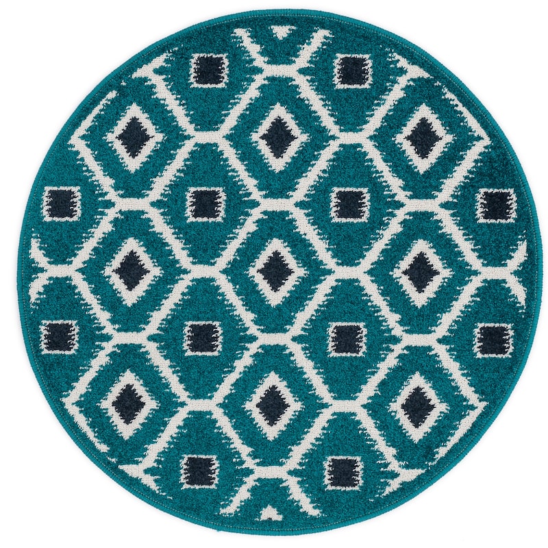 Alexander Home Palm Geometric Ikat Rug - Teal/Navy - 3' x 3' /Surplus