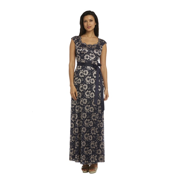 R and M Richards Lace Long Gown - Navy