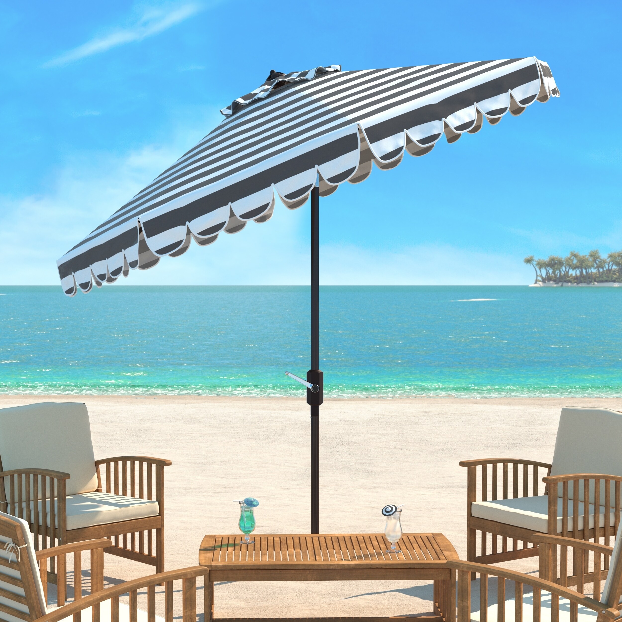 Shop Black Friday Deals On Safavieh Maui Single Scallop Striped 9 Ft Grey White Crank Umbrella On Sale Overstock 14586613