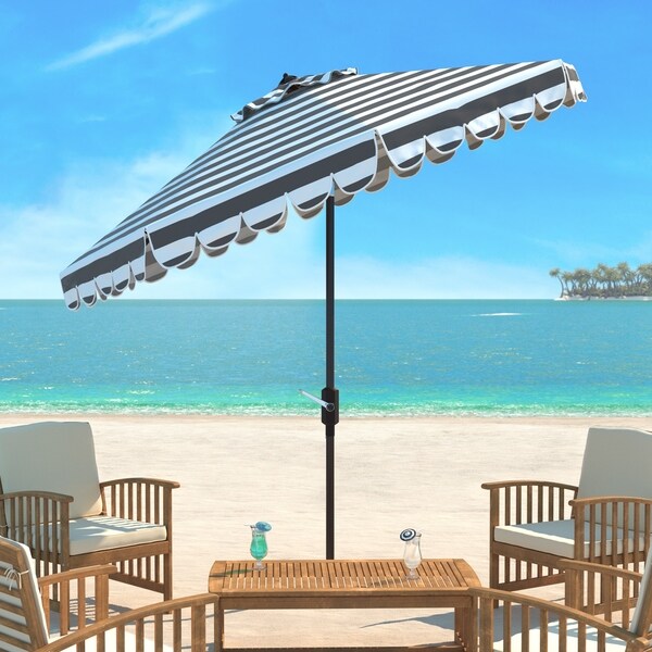 Safavieh Maui Single Scallop Striped 9 Ft Grey/ White Crank Umbrella