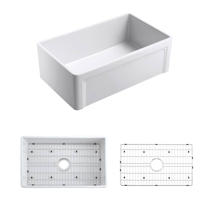 Olde London Fireclay 33" L x 18" W Single Bowl Farmhouse Kitchen Sink with Grid & Strainer in White
