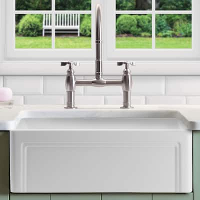 Olde London Fireclay 33" L x 18" W Single Bowl Farmhouse Kitchen Sink with Grid & Strainer in White