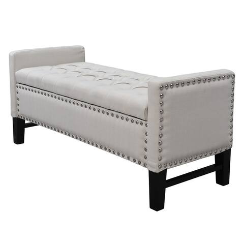 Cabot Linen Button Tufted Storage Bench with Silver Nailhead Trim
