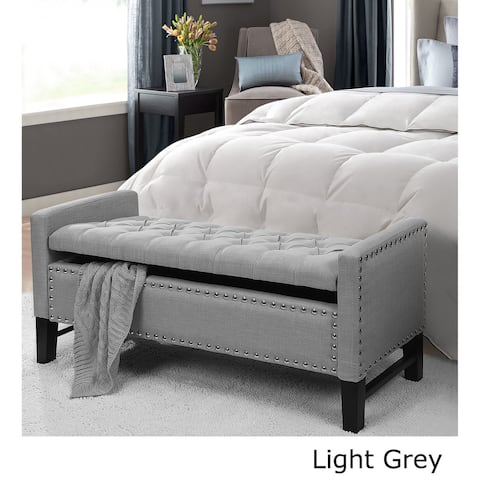 Cabot Linen Button Tufted Storage Bench with Silver Nailhead Trim