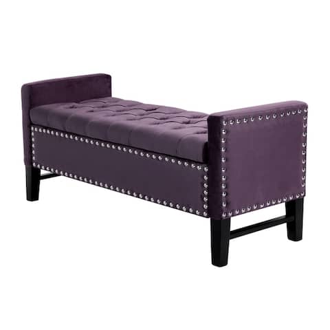 Cabot Velvet Button Tufted Storage Bench with Silver Nailhead Trim