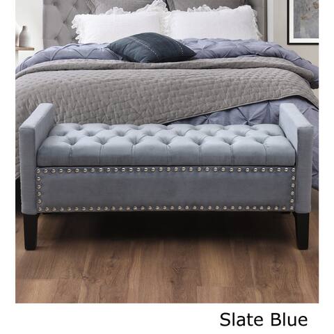 Cabot Velvet Button Tufted Storage Bench with Silver Nailhead Trim