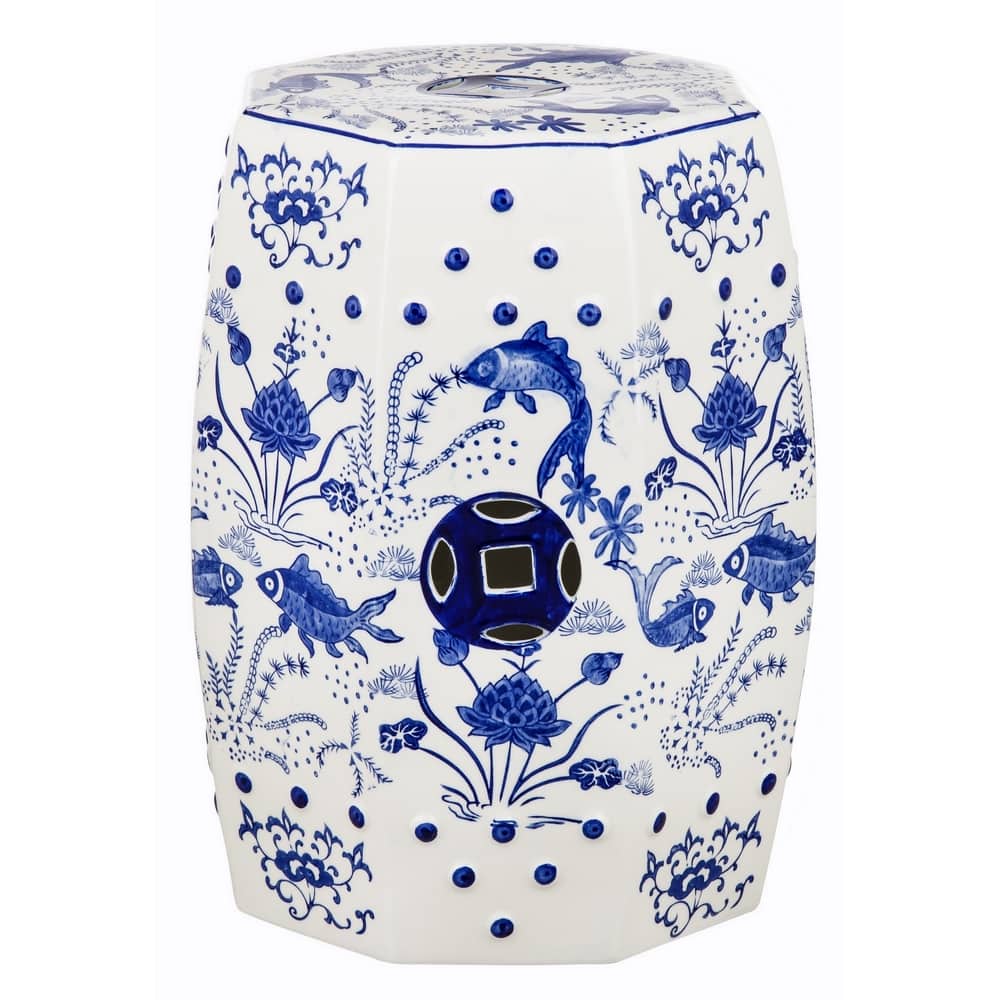 SAFAVIEH Cloud 9 Chinoiserie Blue Koi Ceramic Decorative Garden Stool
