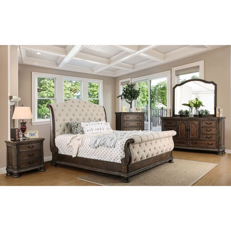 Furniture of America Brev Rustic Beige Tufted Fabric Sleigh Bed
