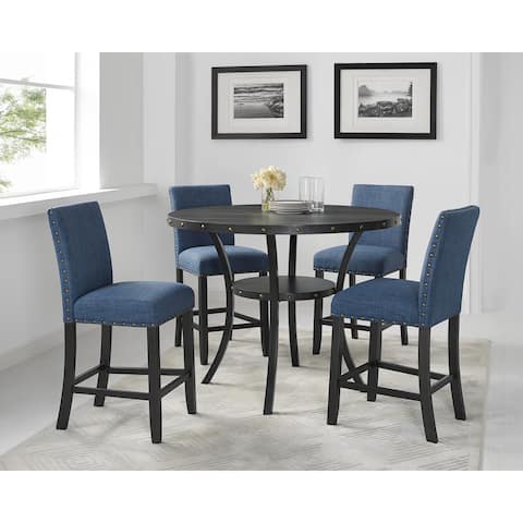 Roundhill Furniture Biony Espresso Wood Counter Height Dining Set with Fabric Nailhead Stools