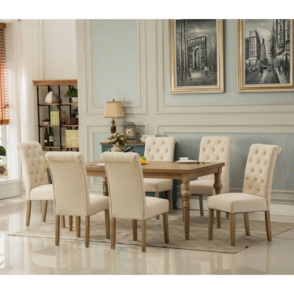Roundhill Furniture Habitanian Solid Wood Dining Table with Button-tufted Chairs 7-piece Dining Set
