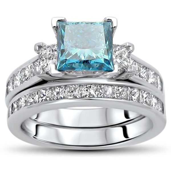Certified 14k Gold 2 3/4ct TDW Blue Princess-cut Diamond Bridal Set - White