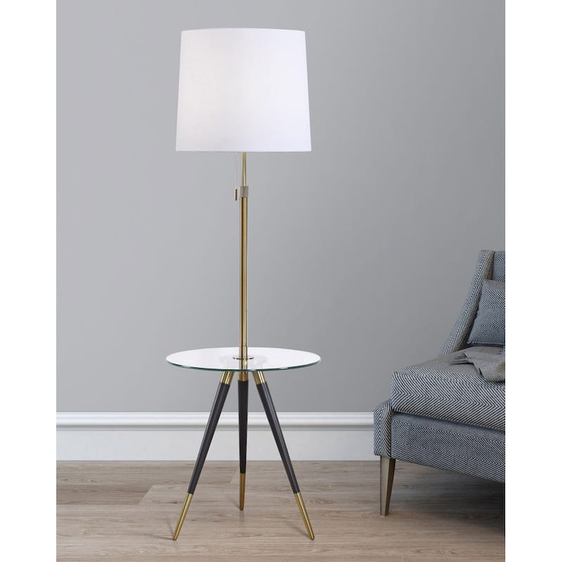 Premiere Antique Brass and Clear Glass Tripod Table Floor Lamp with Fabric Shade