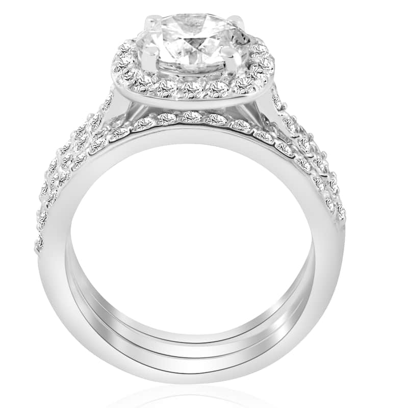 14k White Gold 2 3/4 ct TDW Cushion Halo Diamond Engagement Clarity Enhanced Trio Wedding Ring Set - White H-I - White H-I