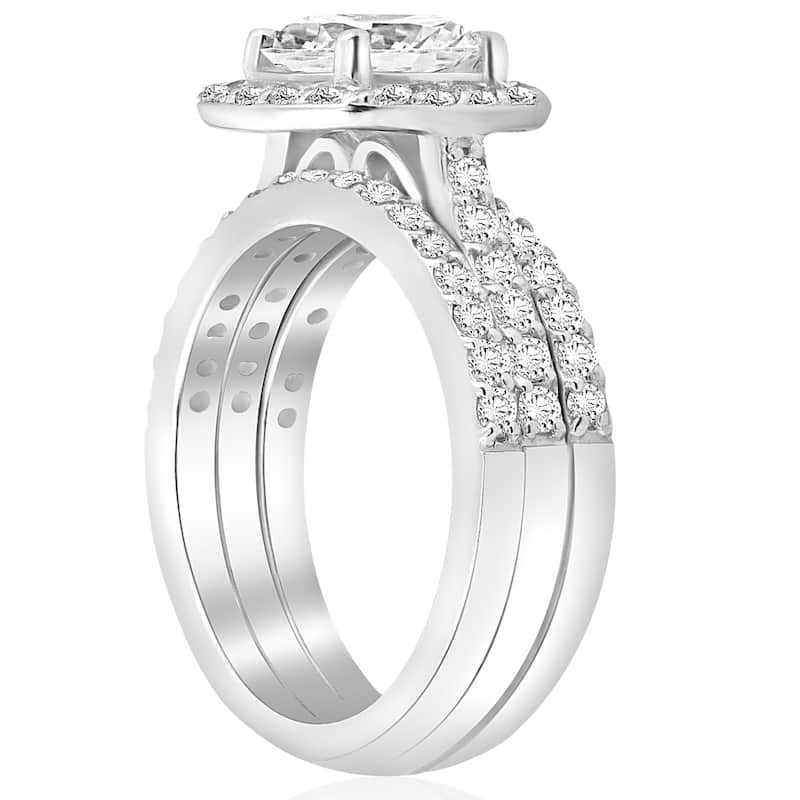 14k White Gold 2 3/4 ct TDW Cushion Halo Diamond Engagement Clarity Enhanced Trio Wedding Ring Set - White H-I - White H-I