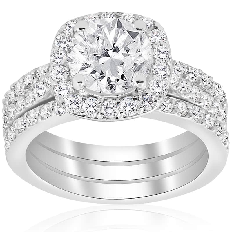 14k White Gold 2 3/4 ct TDW Cushion Halo Diamond Engagement Clarity Enhanced Trio Wedding Ring Set - White H-I - White H-I - 4