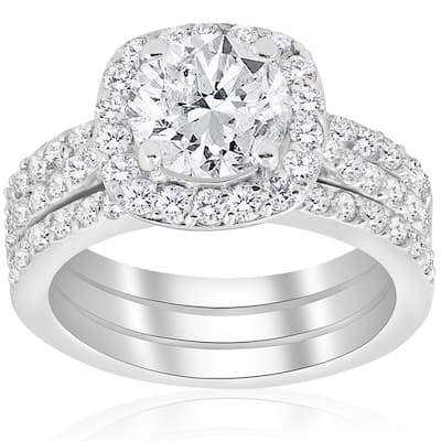 14k White Gold 2 3/4 ct TDW Cushion Halo Diamond Engagement Clarity Enhanced Trio Wedding Ring Set - White H-I - White H-I