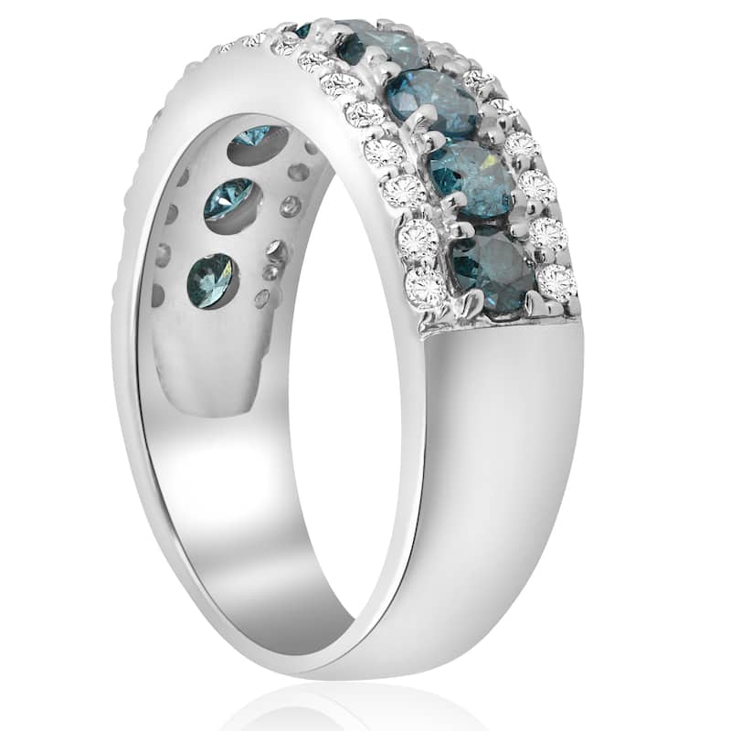 14k White Gold 1 1/2 ct TDW Blue & White Diamond Wedding Ring This women's Anniversary Stackable Band (I-J,I2-I3)
