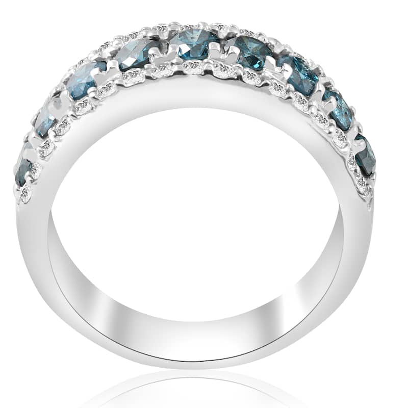 14k White Gold 1 1/2 ct TDW Blue & White Diamond Wedding Ring This women's Anniversary Stackable Band (I-J,I2-I3)