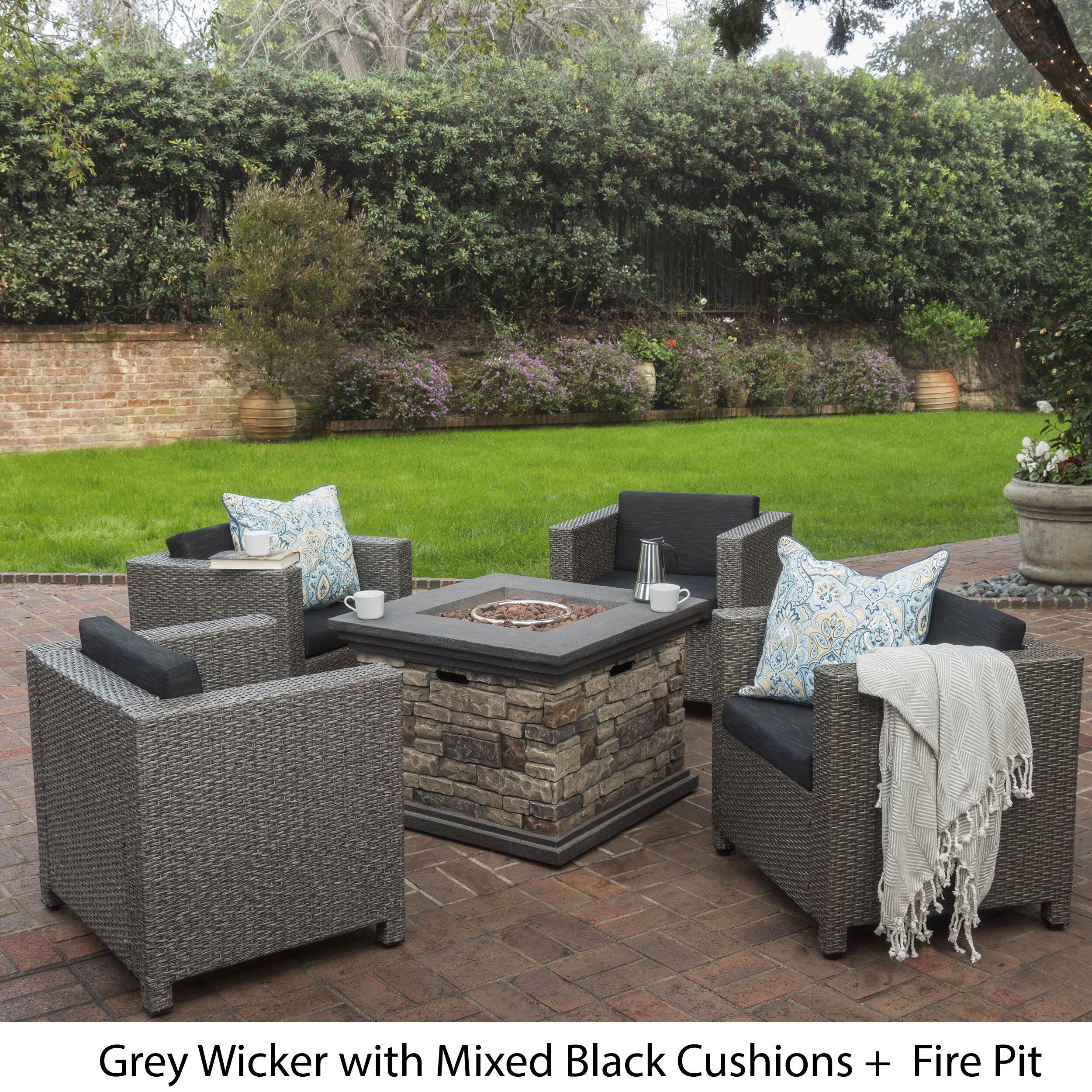 Shop Puerta Outdoor 4 Piece Wicker Chair Set With Square Stone Firepit By Christopher Knight Home On Sale Overstock 14624017