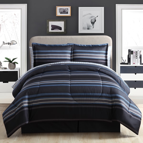 Carbon Loft Euclid Stripe Black and Blue Bed in a Bag Set
