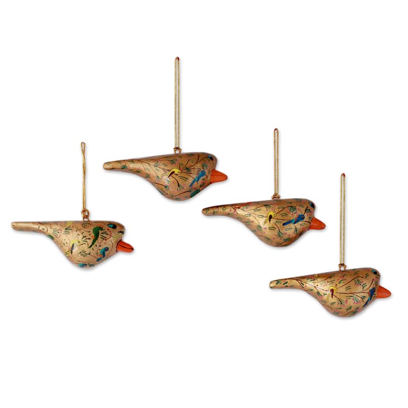 Handmade Set of 4 Papier Mache Ornaments, 'Peace and Joy' (India)