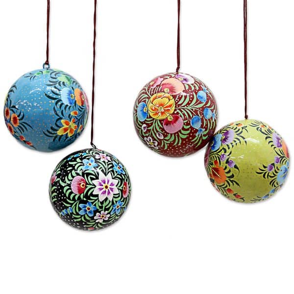 slide 1 of 3, NOVICA Handmade Set of 4 Papier Mache Ornaments, 'Floral Beauty' (India)