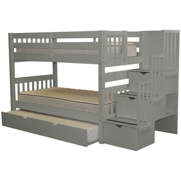 Bedz King Stairway Grey Wood Twin Bunk Bed With 3 Drawer Step Bedz King Stairway Grey Wood Twin Bunk Bed With 3 Drawer Step Ladder And Trundle