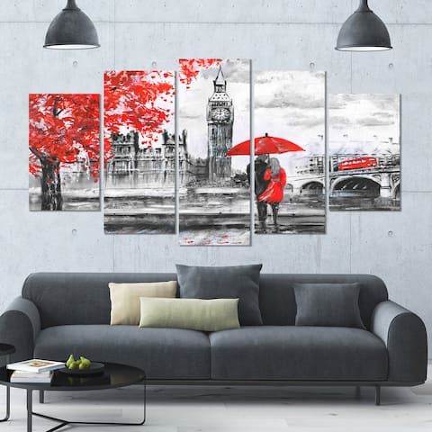 Designart "Couples Walking in London" Landscape Wall Artwork Print on Canvas - 60x32 5 Panels