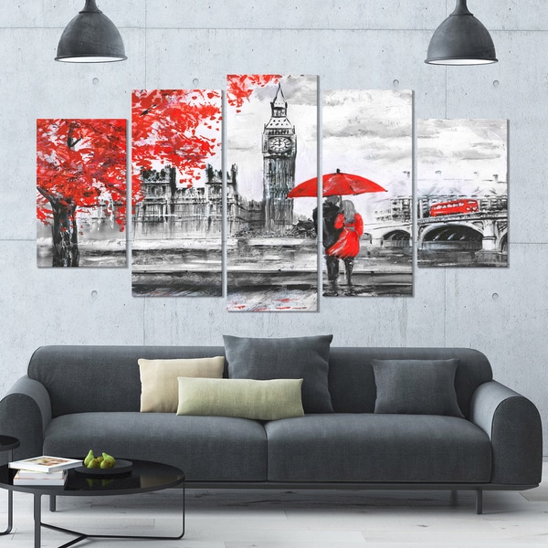 Designart 'Couples Walking in London' Landscape Wall Artwork on Canvas - 60x32 5 Panels - Multi-color