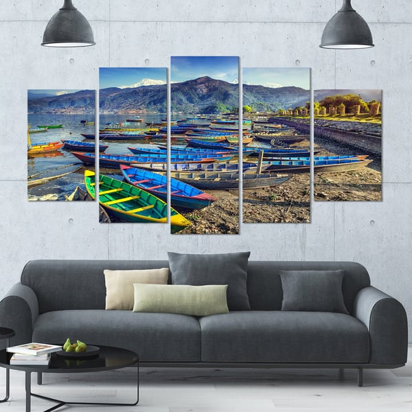 Designart Colorful Boats In Pokhara Lake Boat Wall Artwork On Canvas 60x32 5 Panels Multi Color