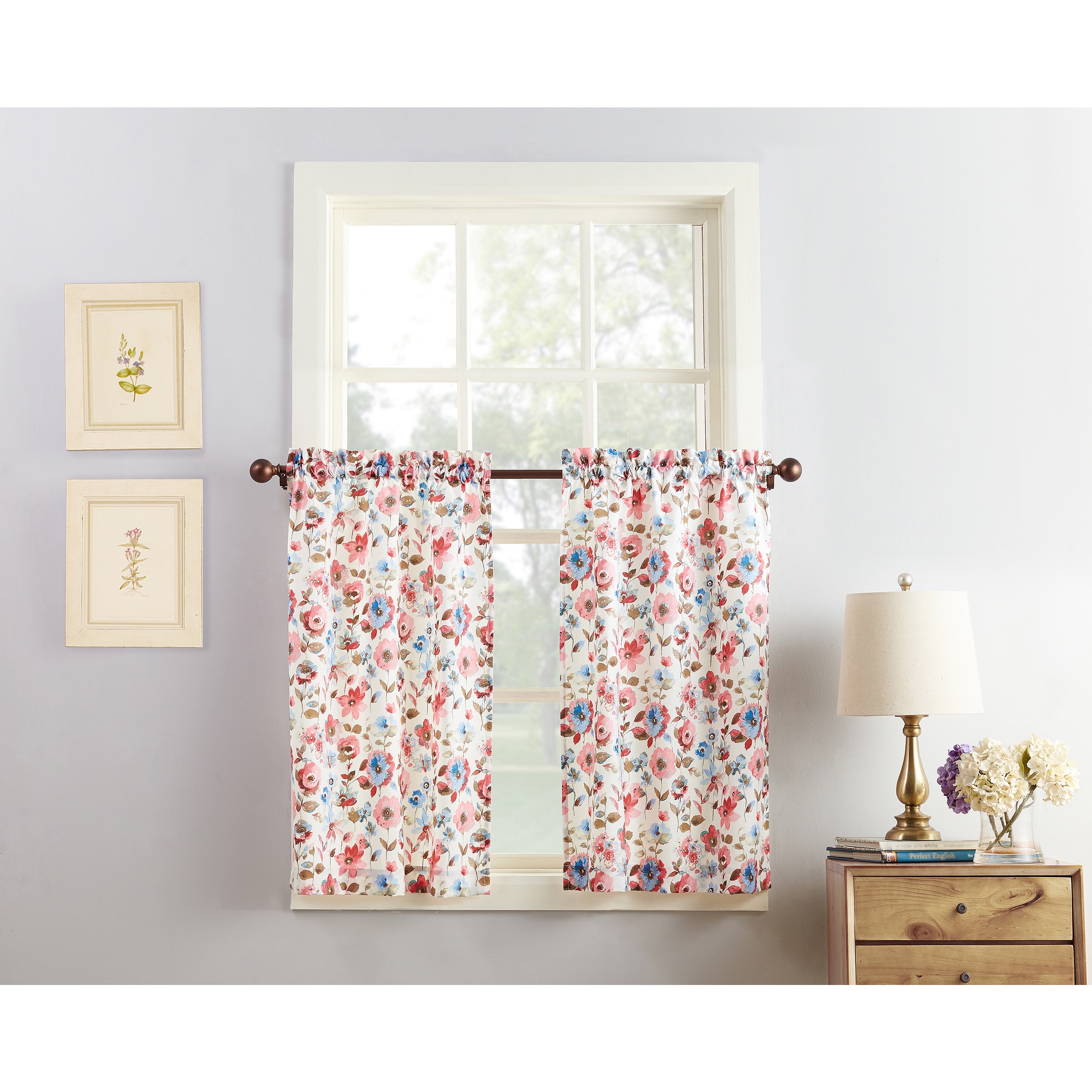 No. 918 Signy Jacobean Pattern 54 in. W x 36 in. L Light Filtering Rod Pocket Kitchen Curtain Tier Pair in White