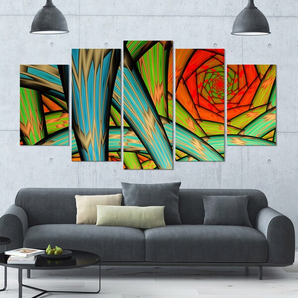 Designart 'Green Fractal Endless Tunnel' Large Abstract Canvas Art Print- 60x32 5 Panels