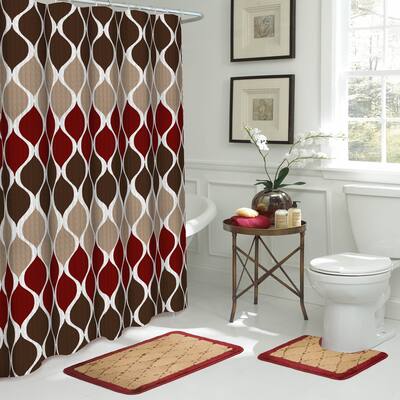 Clarisse Brown and Red Bathroom Shower Curtain and Rugs Set