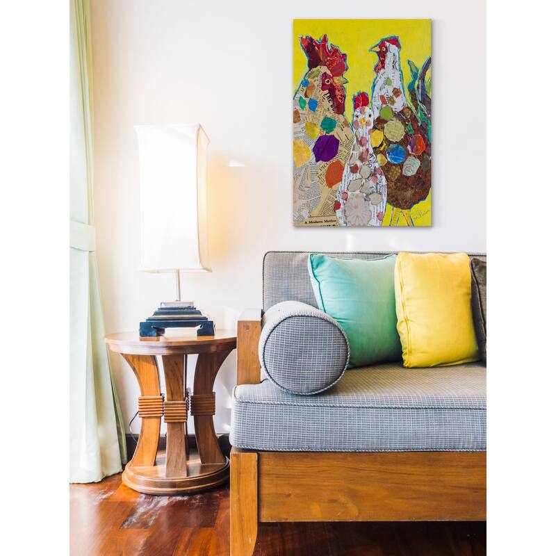 'Trois Poulet' Painting Print on Wrapped Canvas - Yellow