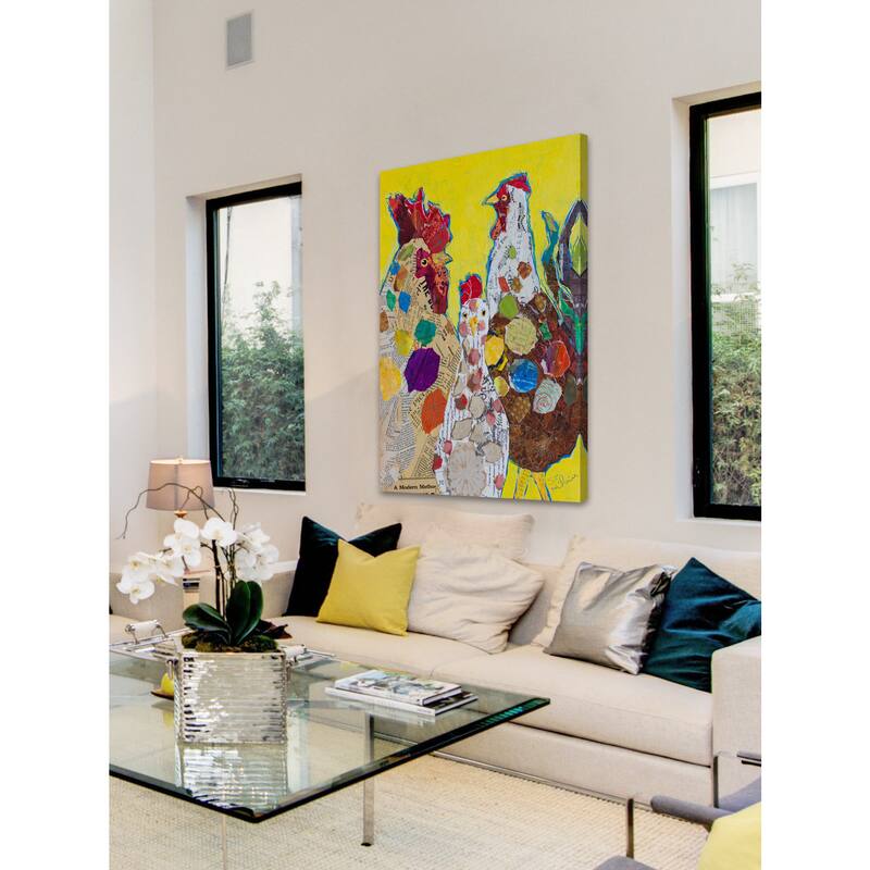 'Trois Poulet' Painting Print on Wrapped Canvas - Yellow