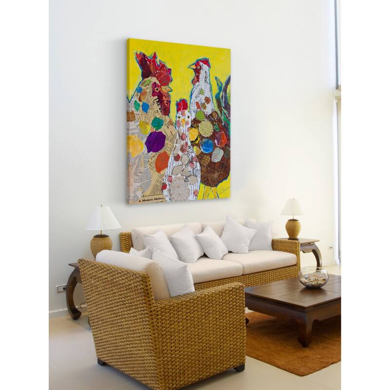 'Trois Poulet' Painting Print on Wrapped Canvas - Yellow