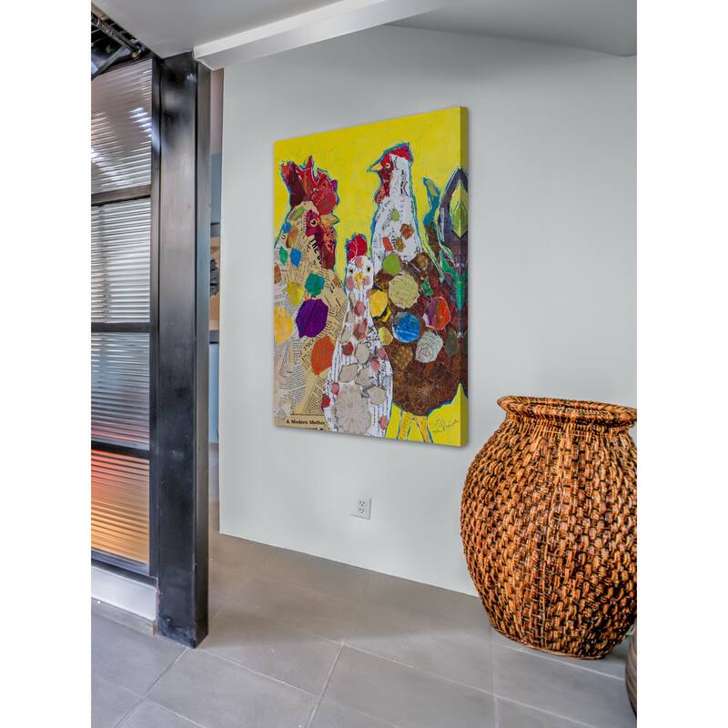 'Trois Poulet' Painting Print on Wrapped Canvas - Yellow