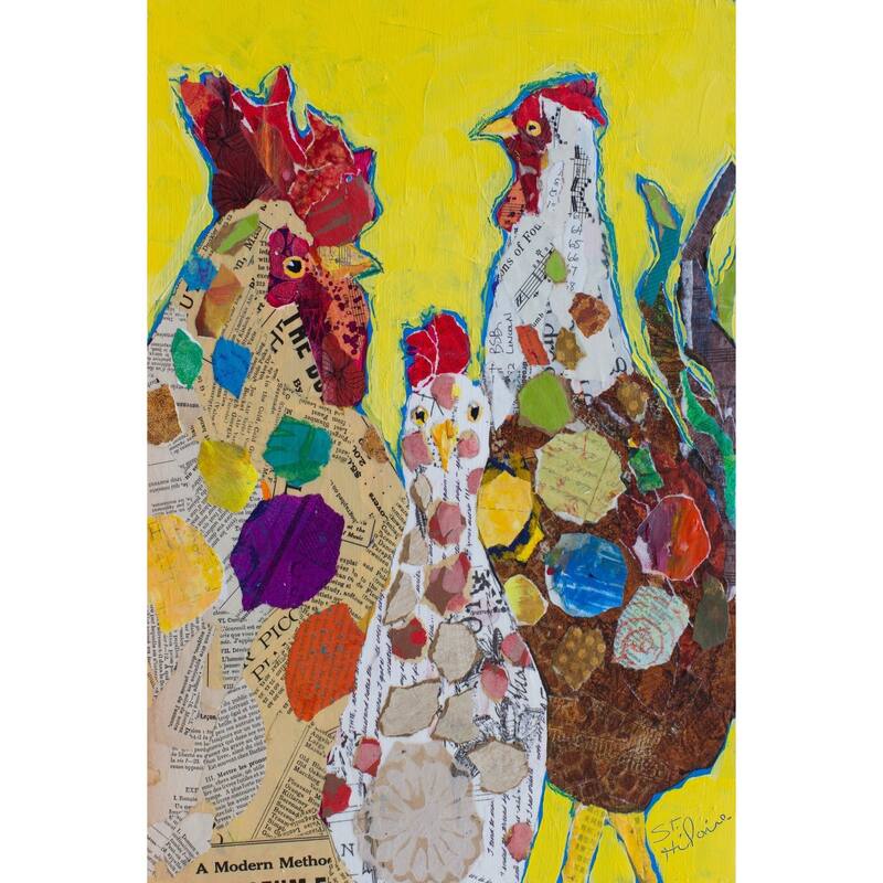 'Trois Poulet' Painting Print on Wrapped Canvas - Yellow