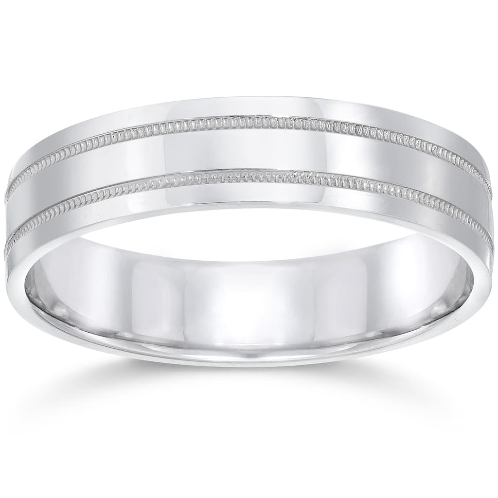 Bliss Diamond 10k White Gold Mens Band 5mm High Polished Doulbe Milgrain Wedding Ring