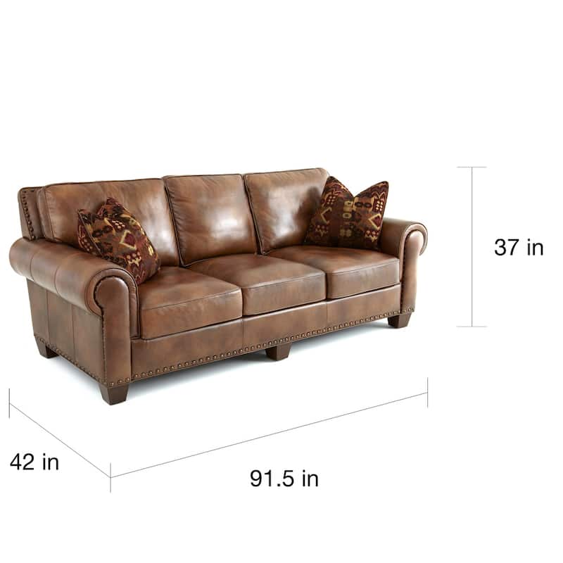 Steve Silver Sanremo Top Grain Leather Sofa with Nail Head Trim and Decorative Pillows