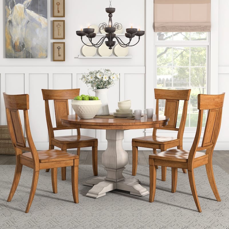 Eleanor Antique White Round Solid Wood Top 5-Piece Dining Set - Panel Back by iNSPIRE Q Classic - Antique White Table - Oak Chairs