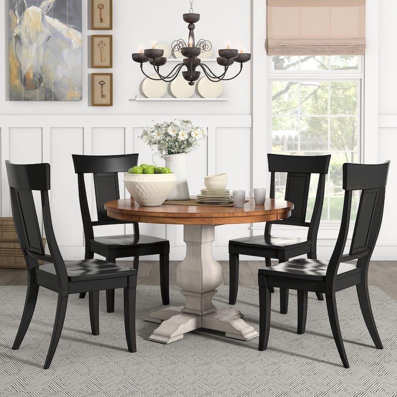 Eleanor Antique White Round Solid Wood Top 5-Piece Dining Set - Panel Back by iNSPIRE Q Classic - Antique White Table - Antique Black Chairs
