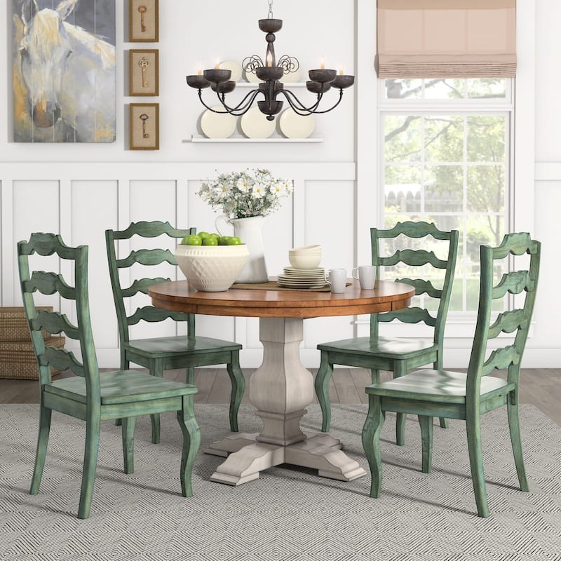 Eleanor Antique White Round Solid Wood Top 5-Piece Dining Set - French Ladder by iNSPIRE Q Classic - Antique White Table - Antique Sage Green Chairs