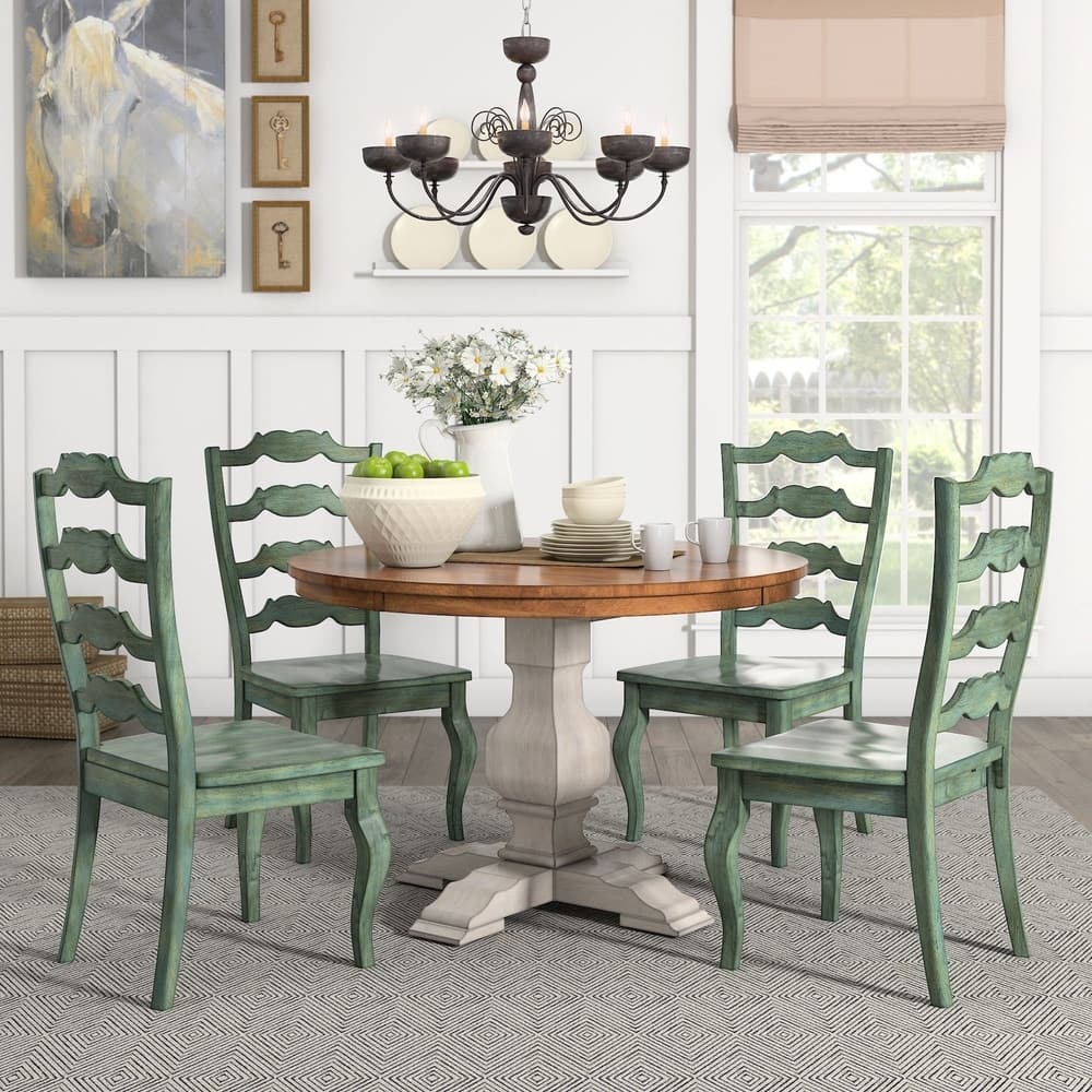 Eleanor Antique White Round Solid Wood Top 5-Piece Dining Set - French Ladder by iNSPIRE Q Classic