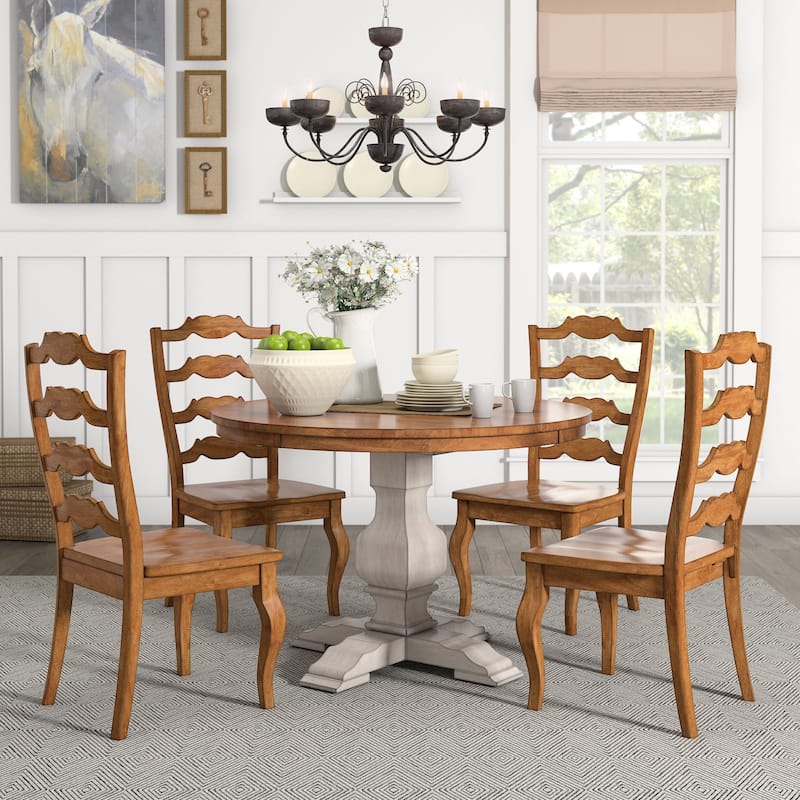 Eleanor Antique White Round Solid Wood Top 5-Piece Dining Set - French Ladder by iNSPIRE Q Classic